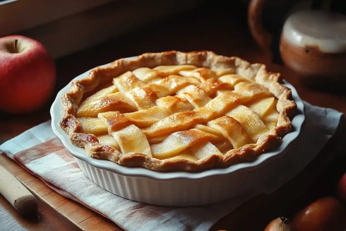 Homemade apple pie with golden lattice crust in a white baking dish.