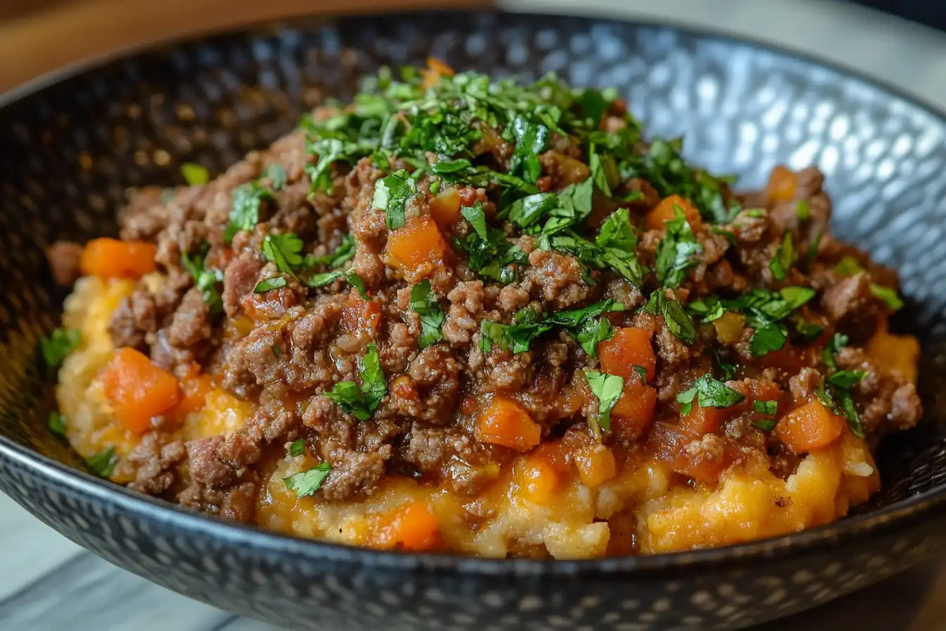 A hearty bowl of minced beef and vegetables served over creamy mashed potatoes, garnished with fresh parsley