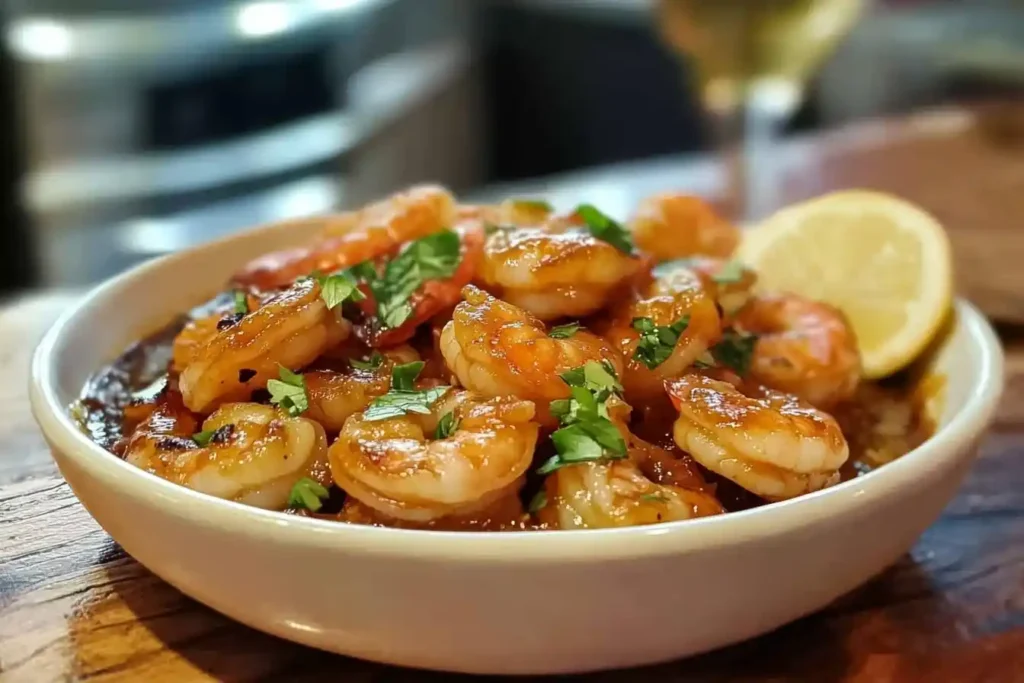 A bowl of glazed shrimp garnished with fresh herbs and served with a lemon wedge.