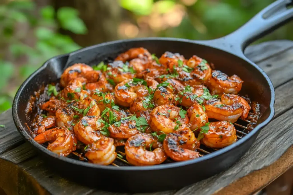 A sizzling cast-iron skillet filled with spicy grilled shrimp garnished with fresh herbs.