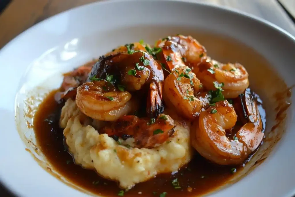 A plate of juicy, caramelized shrimp served over creamy mashed potatoes and drizzled with a savory sauce.