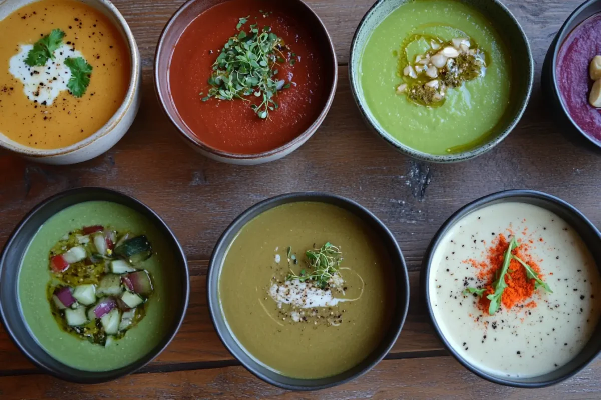 A colorful array of soups served in bowls, each garnished uniquely with herbs, spices, or vegetables, arranged on a wooden table.