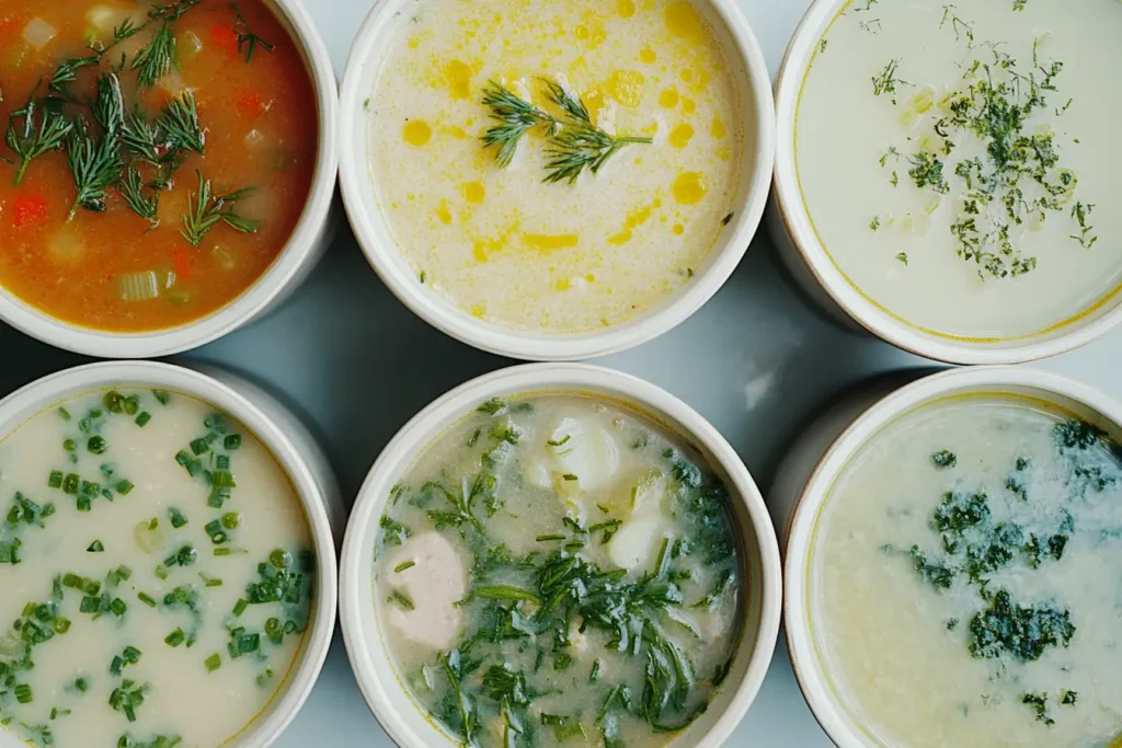 An assortment of soups in white bowls, each garnished with fresh herbs, showcasing a variety of colors and textures.