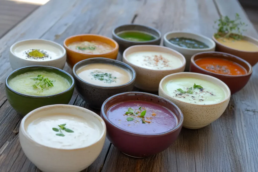  An assortment of colorful soups served in ceramic bowls, each garnished uniquely, arranged on a rustic wooden table outdoors.