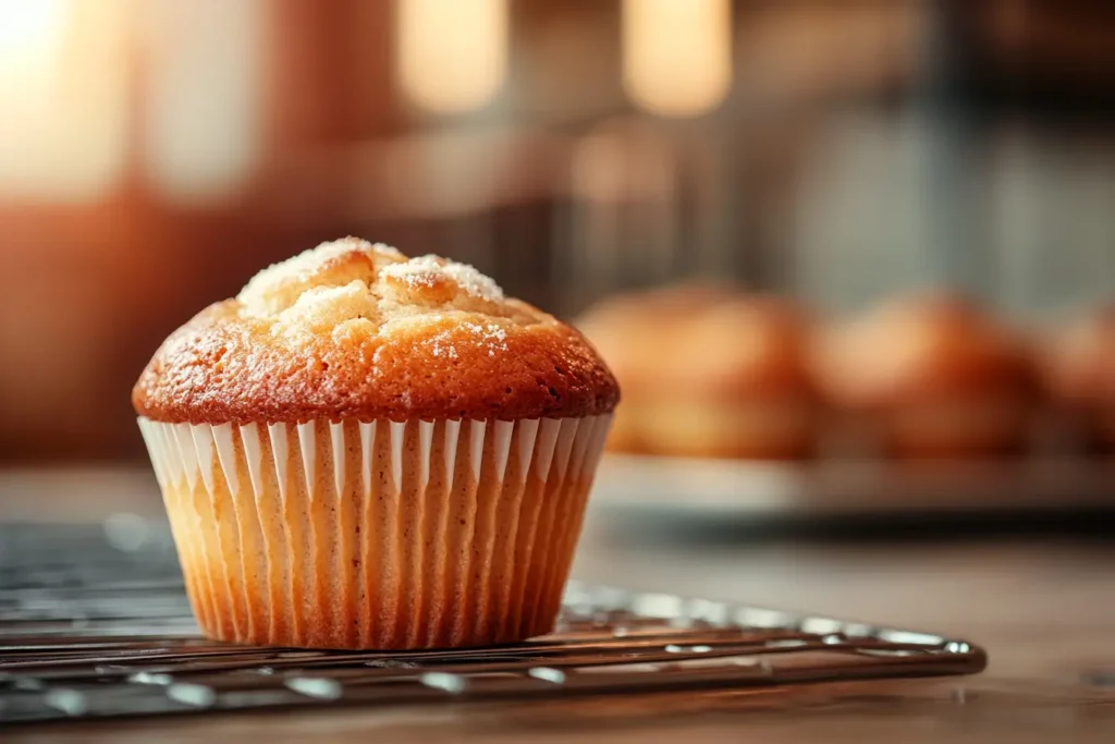 A golden muffin topped with sugar, cooling on a wire rack with a soft background glow.