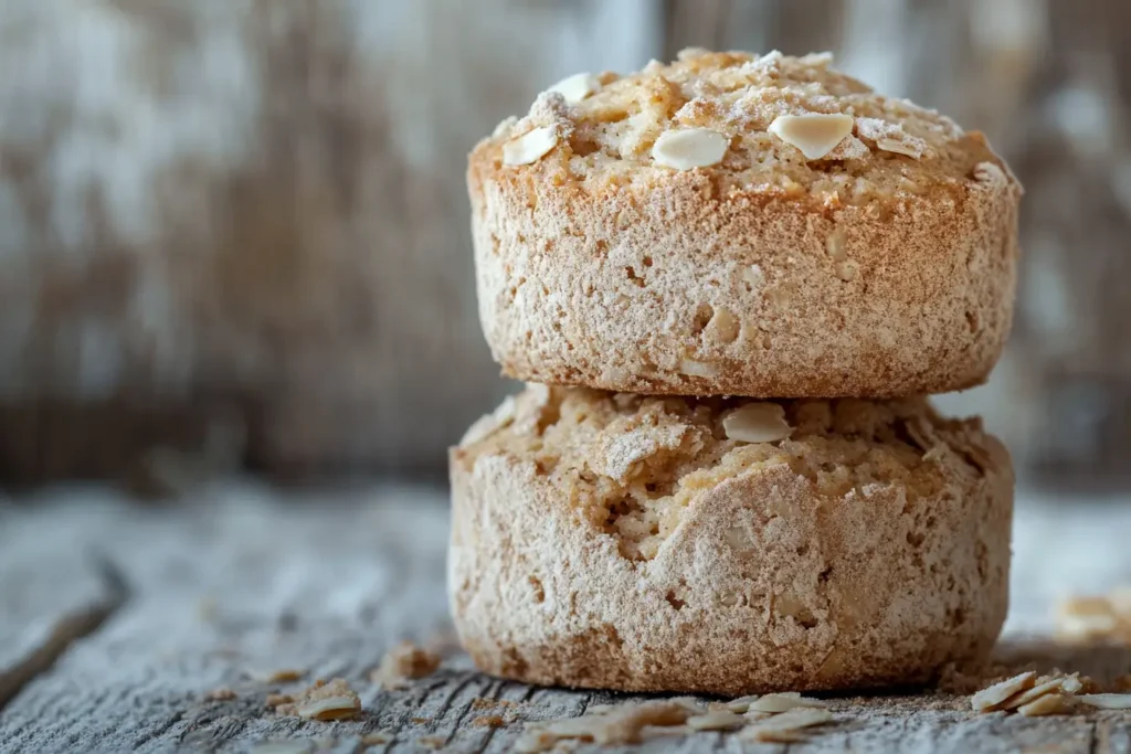 Two stacked almond muffins dusted with powdered sugar and almond flakes on a rustic wooden surface.