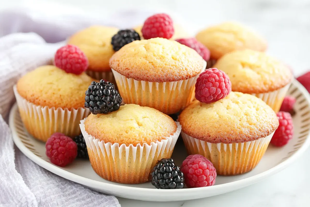 A plate of golden muffins garnished with fresh raspberries and blackberries.