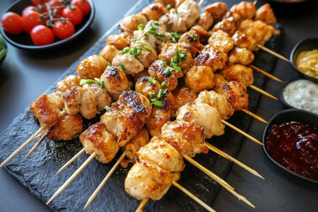 A platter of golden grilled chicken skewers garnished with chives, served with assorted dipping sauces.