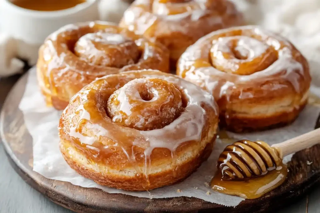  "Close-up of glazed honey buns on a wooden board with a honey dipper and dripping honey nearby."