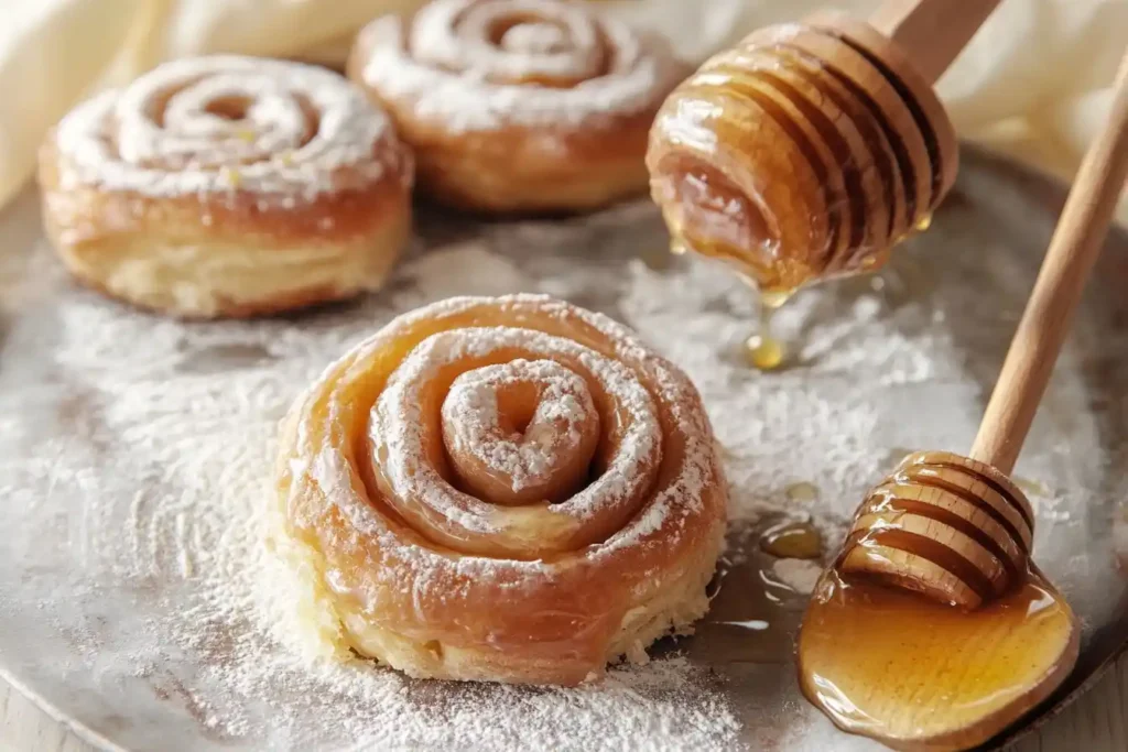 "Close-up of honey buns sprinkled with powdered sugar, with honey drizzling from a wooden dipper onto the buns."