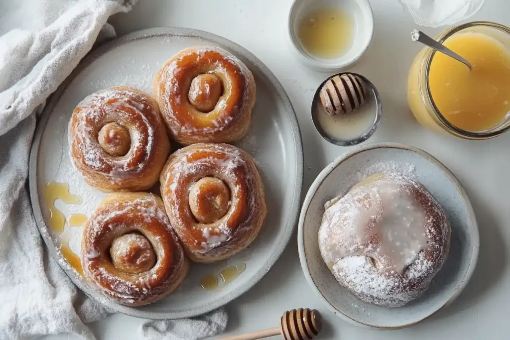 "Freshly baked honey buns topped with powdered sugar and glaze, served on plates with honey and glaze jars nearby."