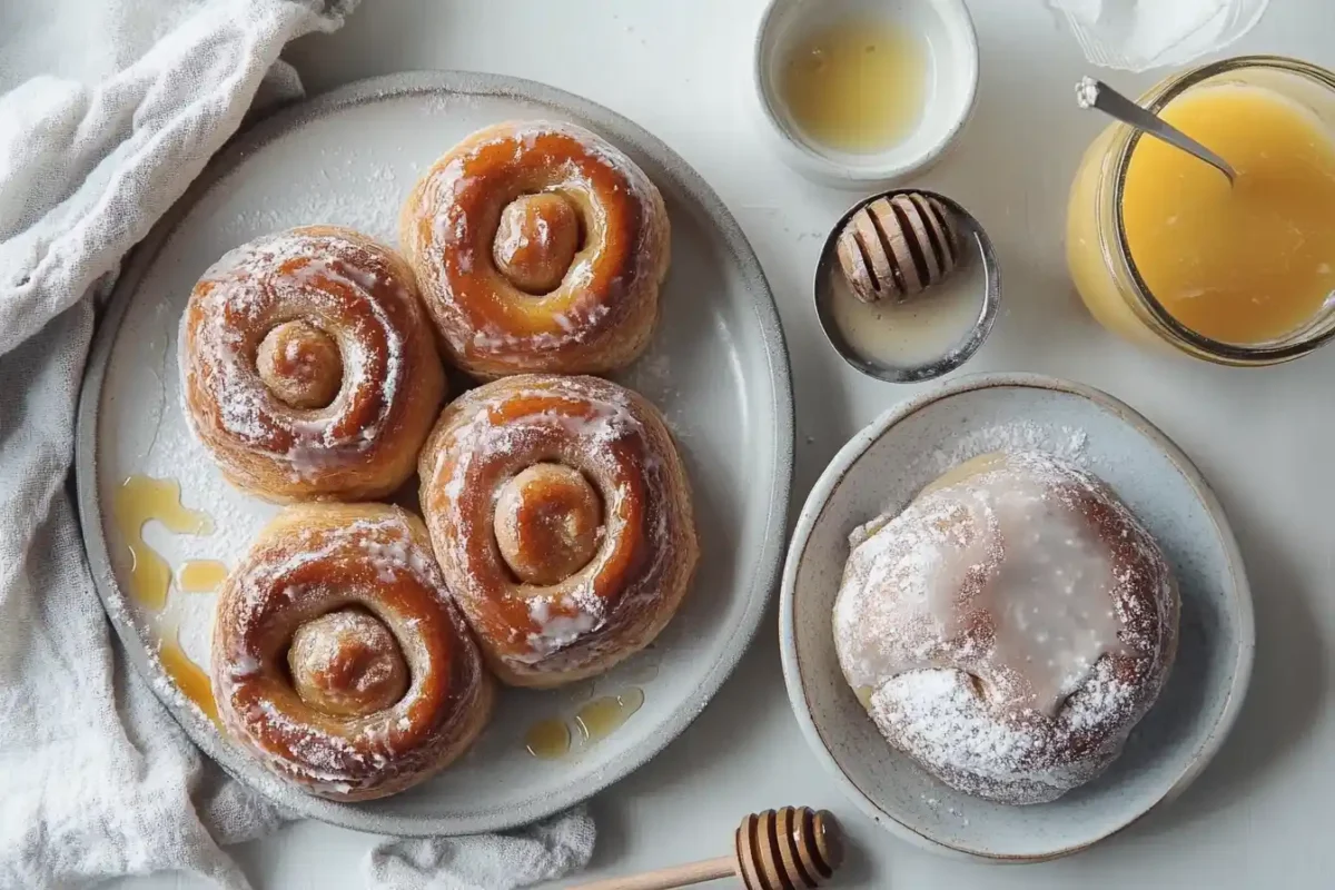 "Freshly baked honey buns topped with powdered sugar and glaze, served on plates with honey and glaze jars nearby."