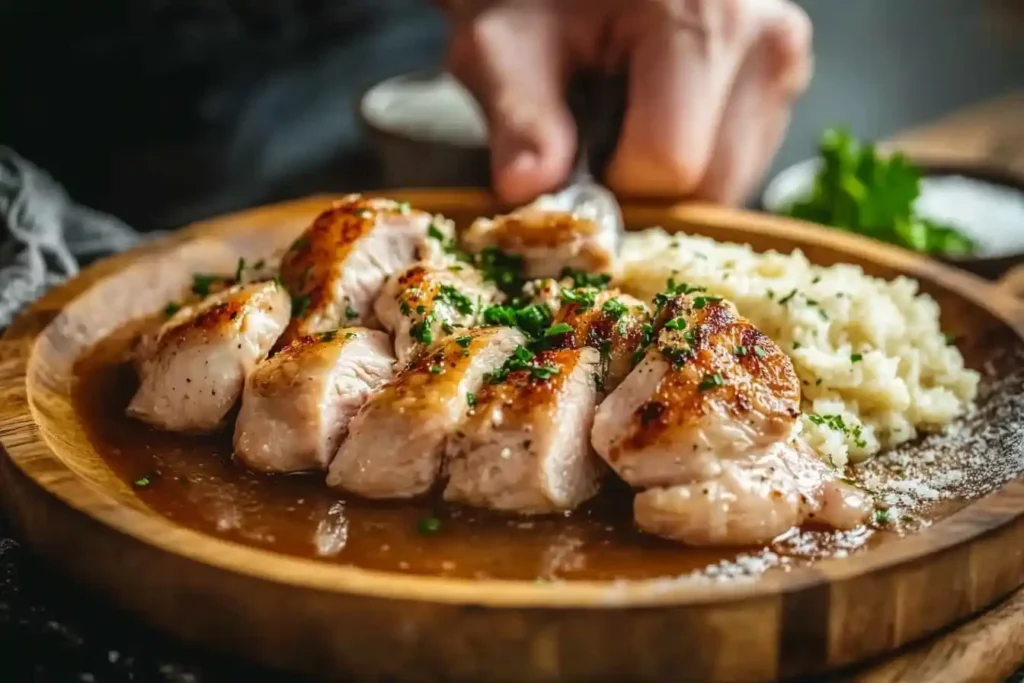 A serving of juicy, golden-brown roasted chicken slices topped with fresh herbs, paired with creamy mashed potatoes on a wooden plate.