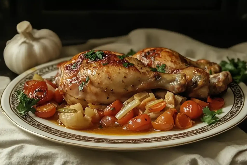 A plate of golden-brown roasted chicken legs garnished with fresh parsley, served on a bed of roasted vegetables, including tomatoes, potatoes, and onions.