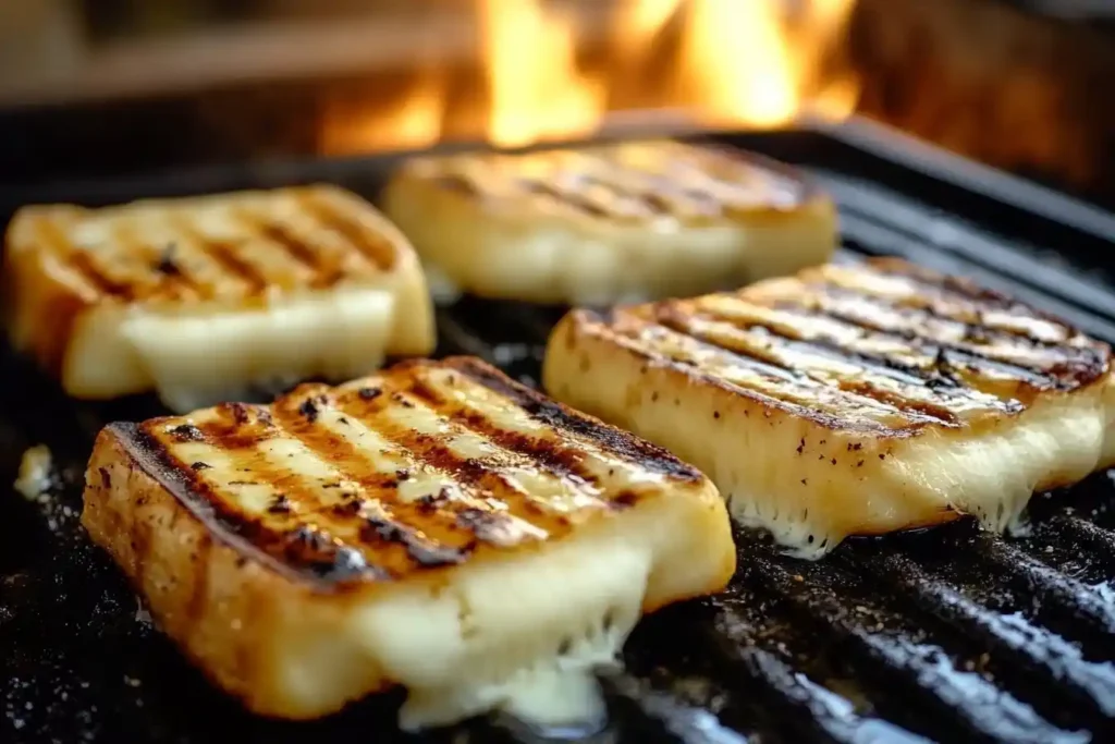 Golden grilled cheese slices on a barbecue grill with a fiery background