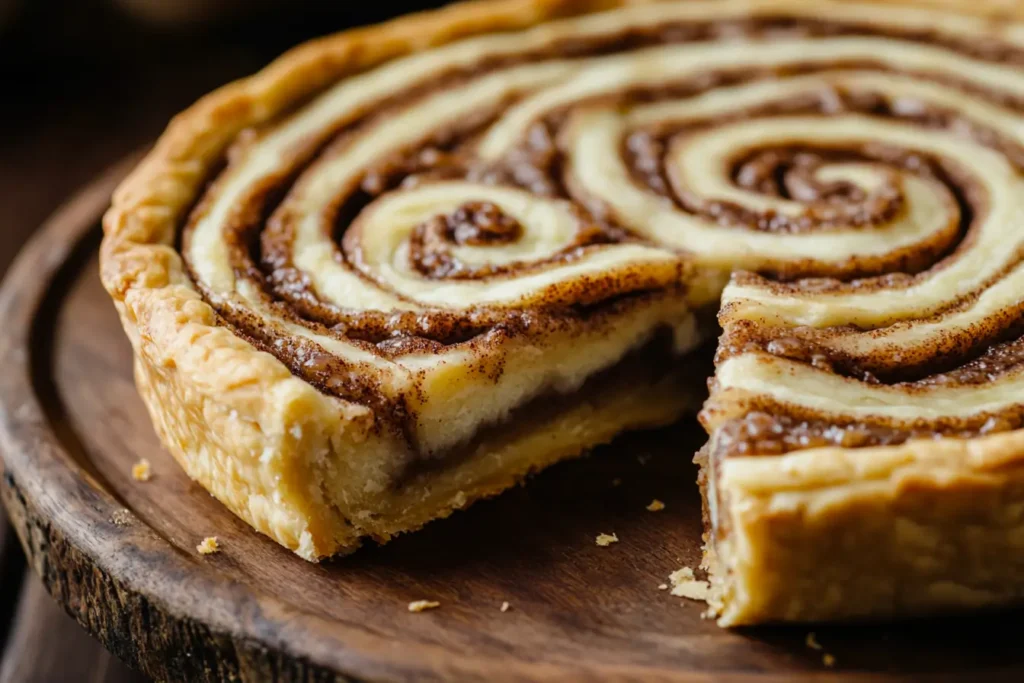 A close-up view of a baked cinnamon roll pie with a golden crust and cinnamon-sugar swirls, displayed on a rustic wooden board with one slice removed.