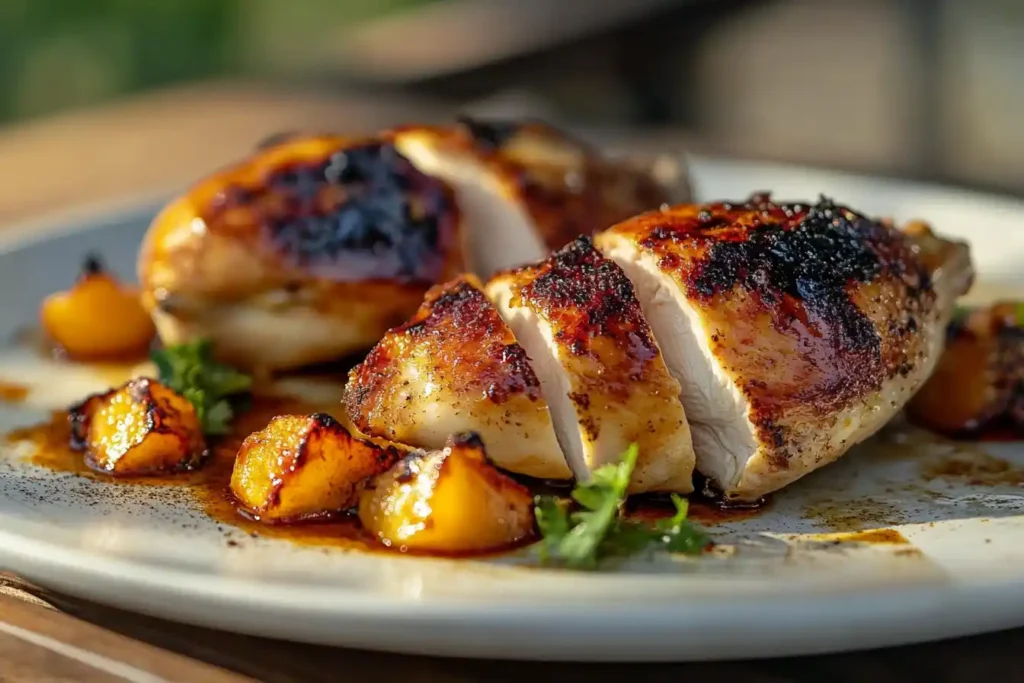 "Grilled chicken breast sliced and served with caramelized vegetables on a white plate, drizzled with a rich glaze."