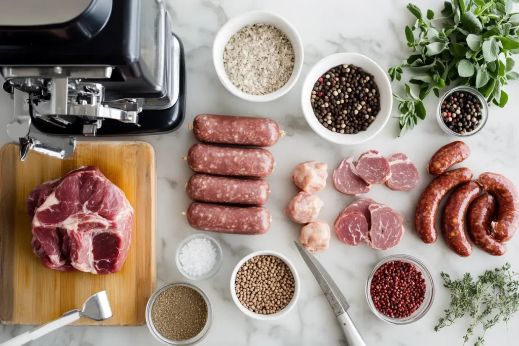 “Overhead view of a piece of raw pork on a cutting board, sausage casings, spices, and a sausage-making machine, with fresh herbs arranged on a marble surface.”

