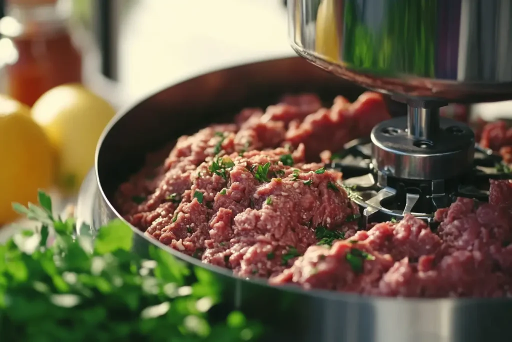 “Close-up view of ground beef mixed with herbs inside a metal bowl, with a meat-processing machine and lemons in the background.”

