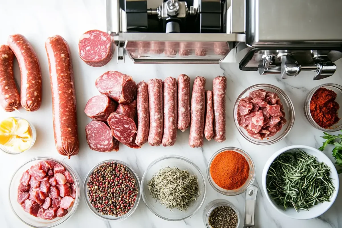 “Assorted beef sausages, sliced cuts of meat, and bowls of spices displayed on a marble countertop next to a sausage-making machine.”