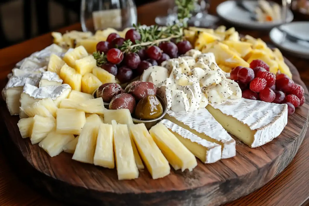 A wooden platter featuring an assortment of cheeses, pineapple chunks, red grapes, raspberries, and olives.