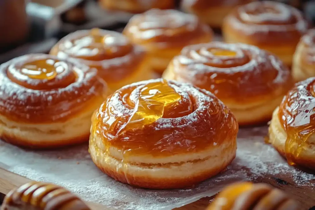 Glazed honey buns topped with golden honey and powdered sugar.