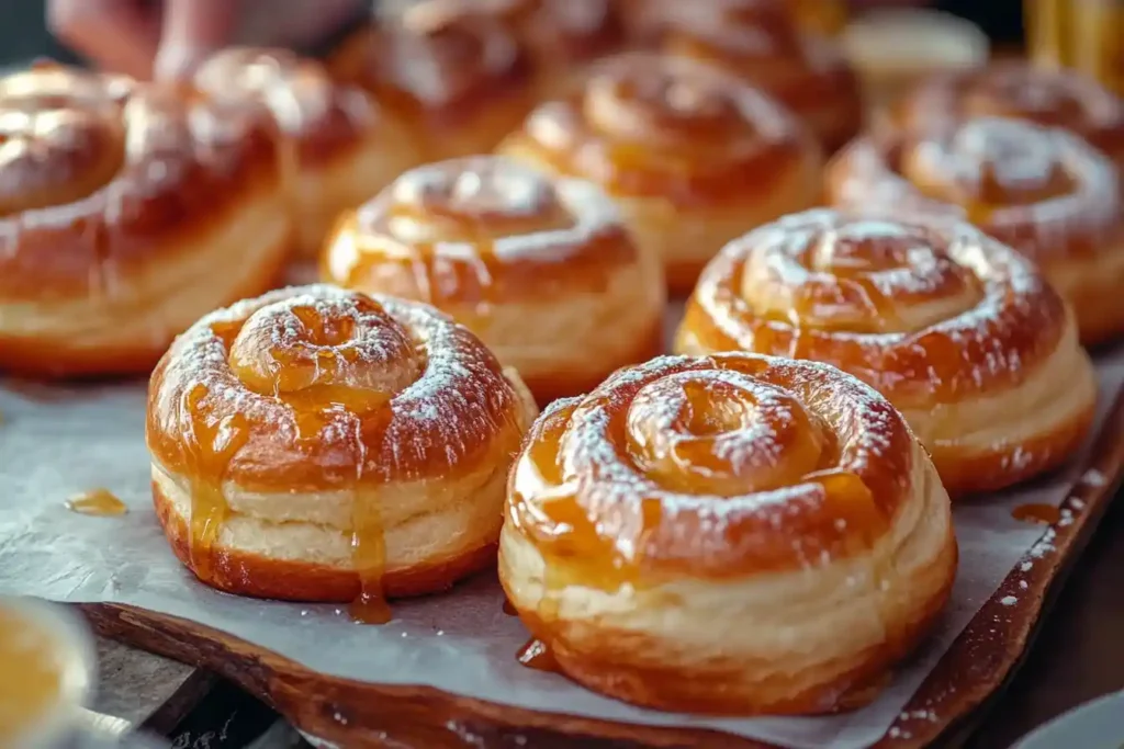 Rows of golden honey buns glazed with syrup and sprinkled with powdered sugar.