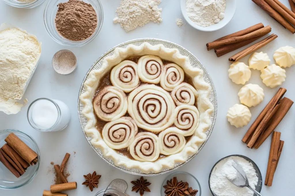 A cinnamon roll pie in a metal pie tin surrounded by baking ingredients, including flour, cinnamon sticks, star anise, powdered sugar, butter, and milk.