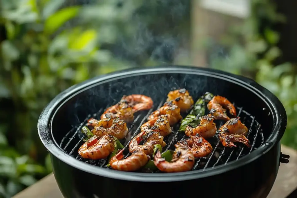 Grilled shrimp skewers with charred vegetables on a barbecue grill.