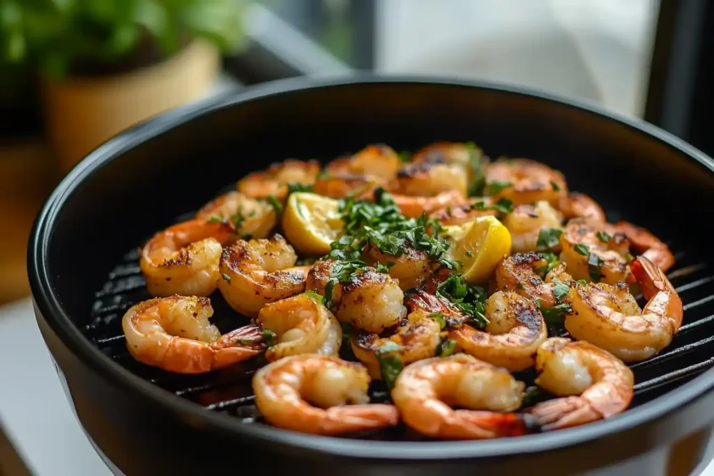 Grilled shrimp garnished with parsley and lemon slices on a barbecue grill.