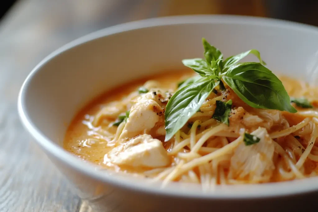 "A bowl of Marry Me Pasta with spaghetti in a creamy tomato-based sauce, topped with fresh basil leaves and chunks of cheese."
