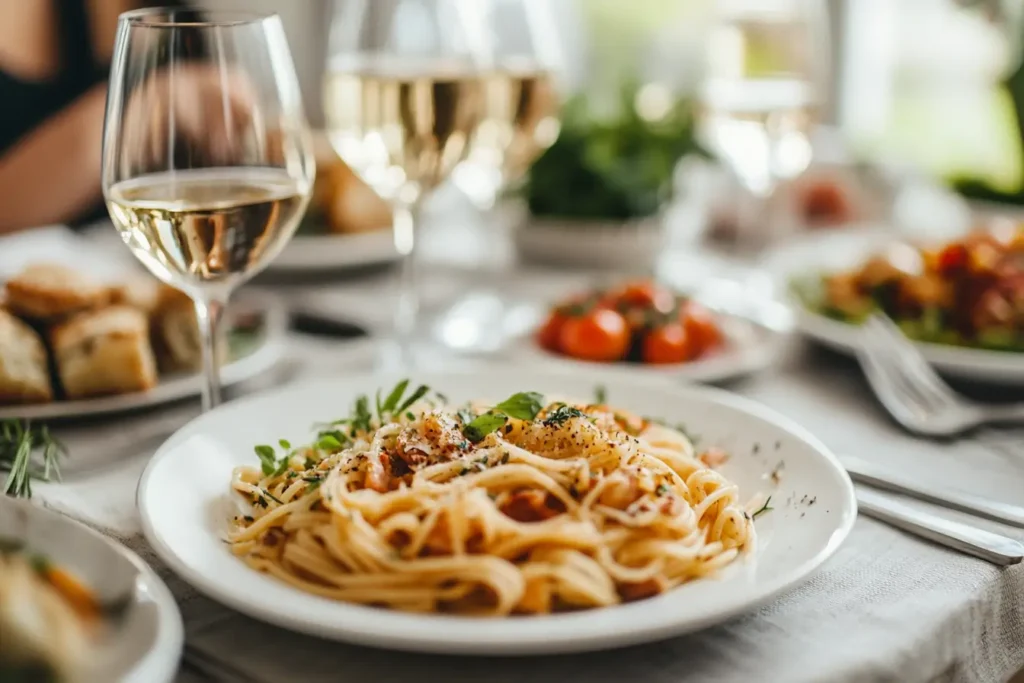 "A close-up of a plate of Marry Me Pasta garnished with herbs, surrounded by white wine glasses and a fresh salad on a dinner table."