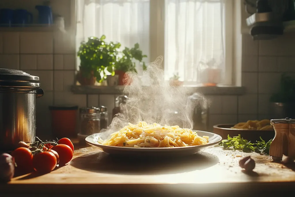 "A steaming plate of Marry Me Pasta in a sunlit rustic kitchen, surrounded by fresh tomatoes, herbs, and cooking ingredients."