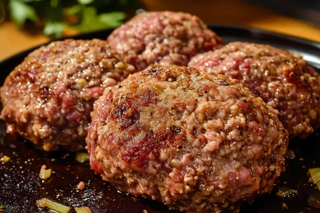 Close-up of cooked ground lamb patties on a skillet with caramelized onions.