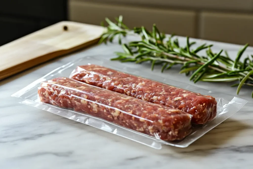 Packaged ground lamb sausages on a marble countertop with fresh rosemary in the background.