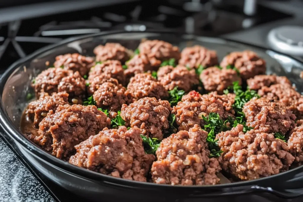 Cooked ground lamb meatballs in a skillet with fresh parsley garnish.