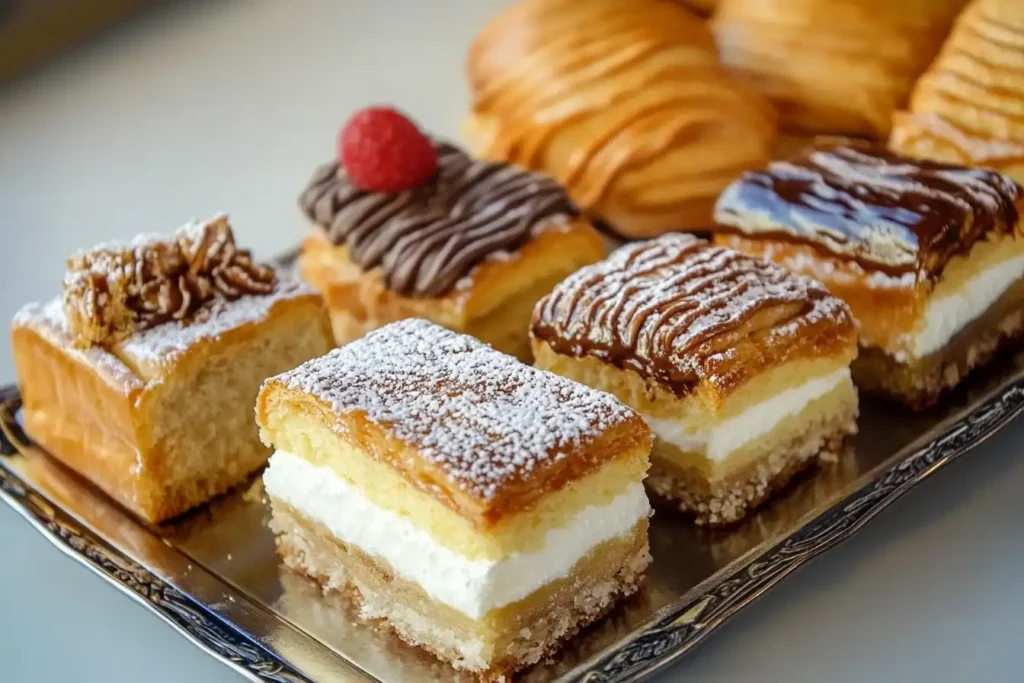 Assorted cream-filled pastries on a tray.