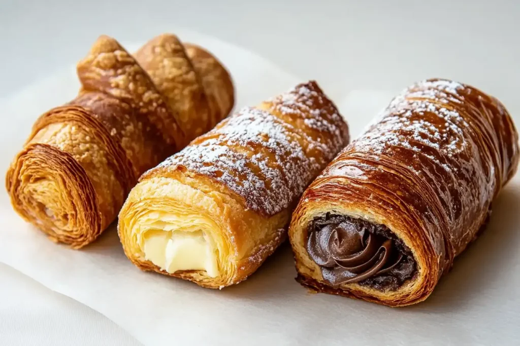  Three flaky pastries filled with cream and chocolate.