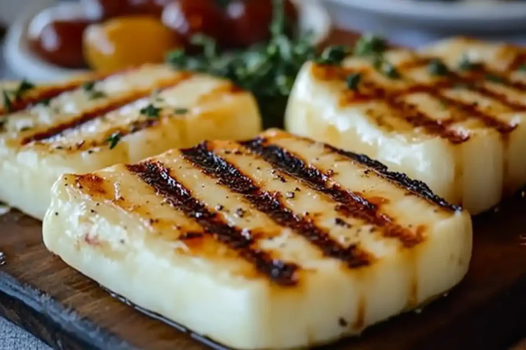 Slices of grilled halloumi cheese with a golden char.