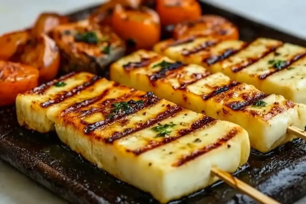 Grilled halloumi cheese slices garnished with fresh herbs.