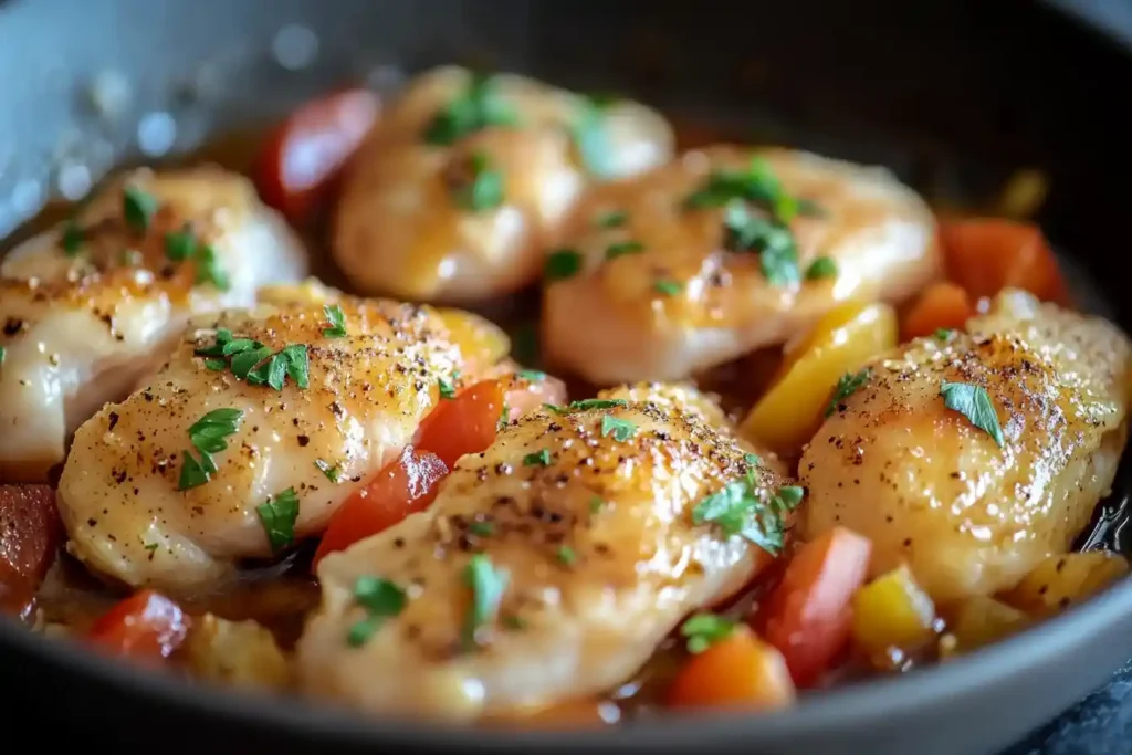 Pan-seared chicken breasts with fresh herbs and tomatoes in a black skillet.