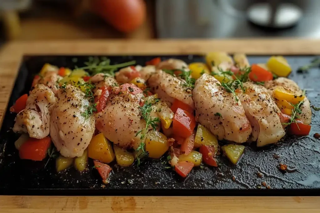 Seasoned chicken pieces and diced bell peppers on a black tray, garnished with fresh herbs.