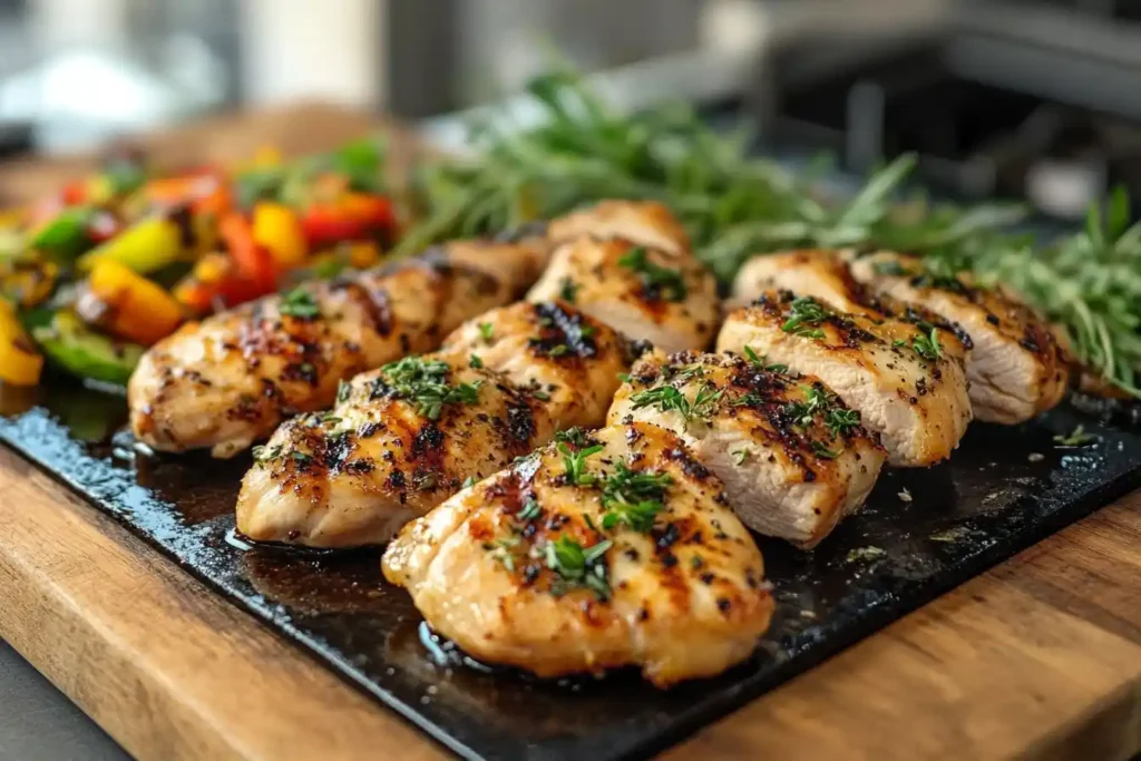 Grilled chicken breasts garnished with fresh herbs on a black serving board, accompanied by roasted vegetables.