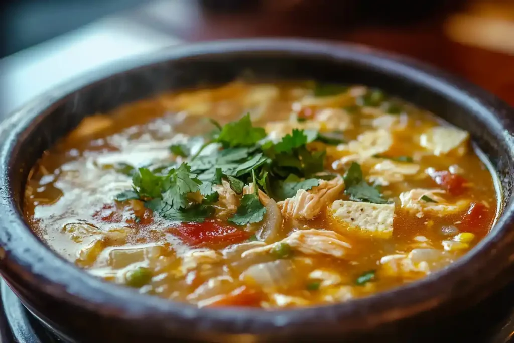 Chicken tortilla soup with tomatoes and cilantro in a brown ceramic bowl.