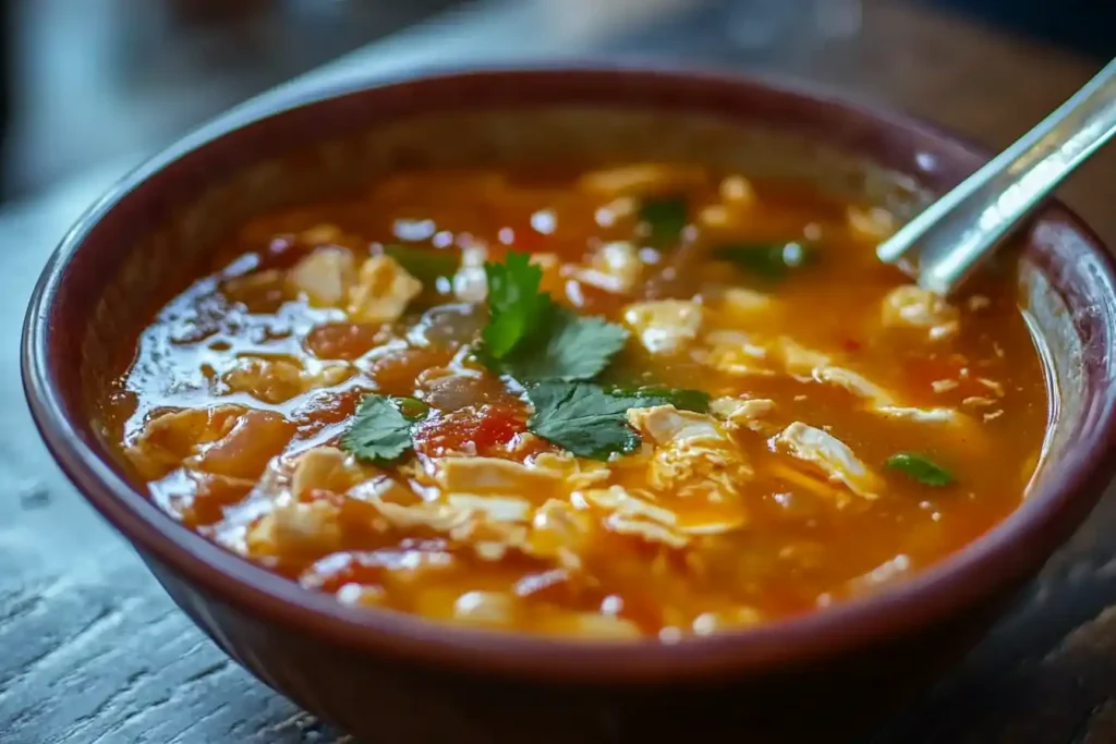 Steaming pot of chicken tortilla soup with vegetables and cilantro.