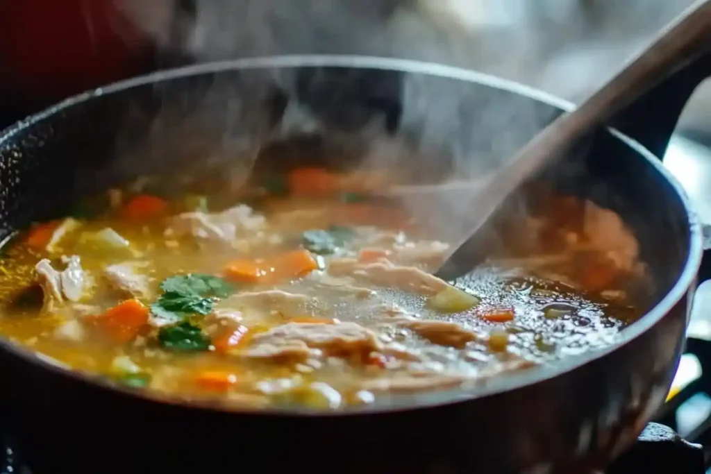 A steaming bowl of chicken tortilla soup garnished with fresh cilantro in a black ceramic dish.