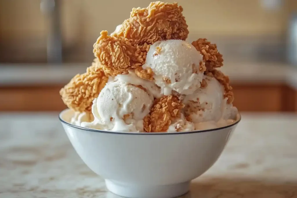 A bowl of vanilla ice cream topped with pieces of crispy fried chicken.