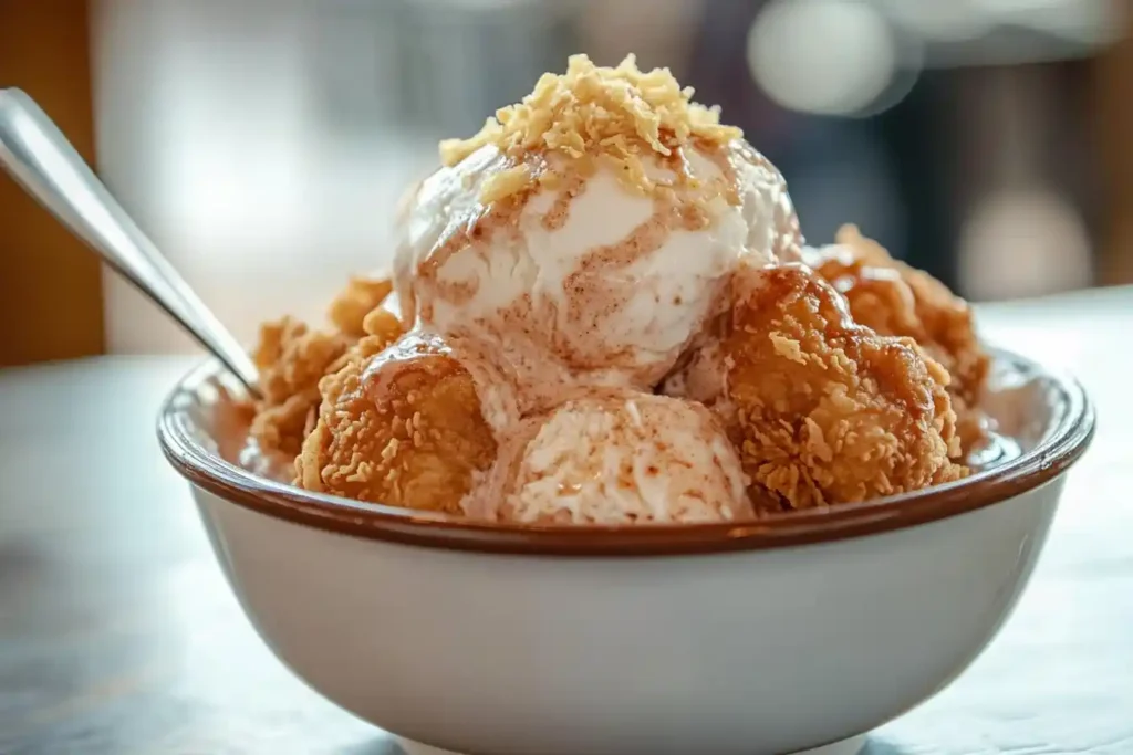 A bowl of vanilla ice cream topped with pieces of crispy fried chicken.