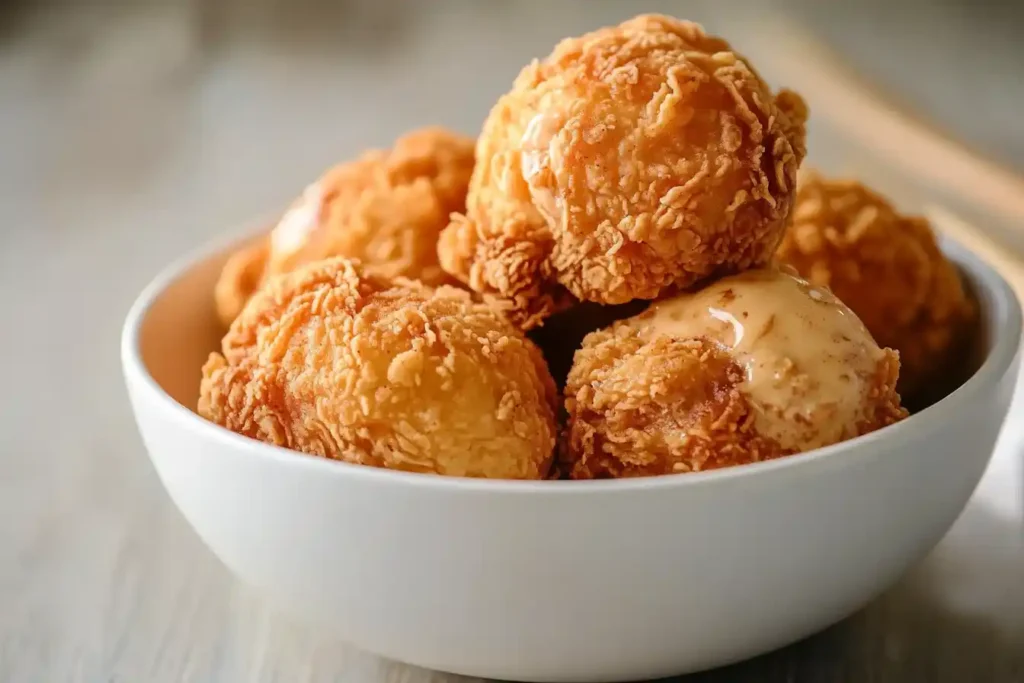 A bowl of vanilla ice cream topped with pieces of crispy fried chicken.