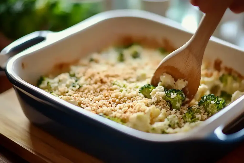 A spoon scooping broccoli casserole topped with breadcrumbs from a dish.